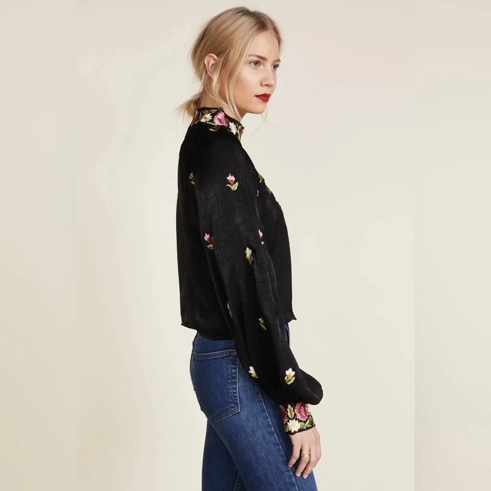 Free People High Neck Embroidered Jessica Blouse XS
